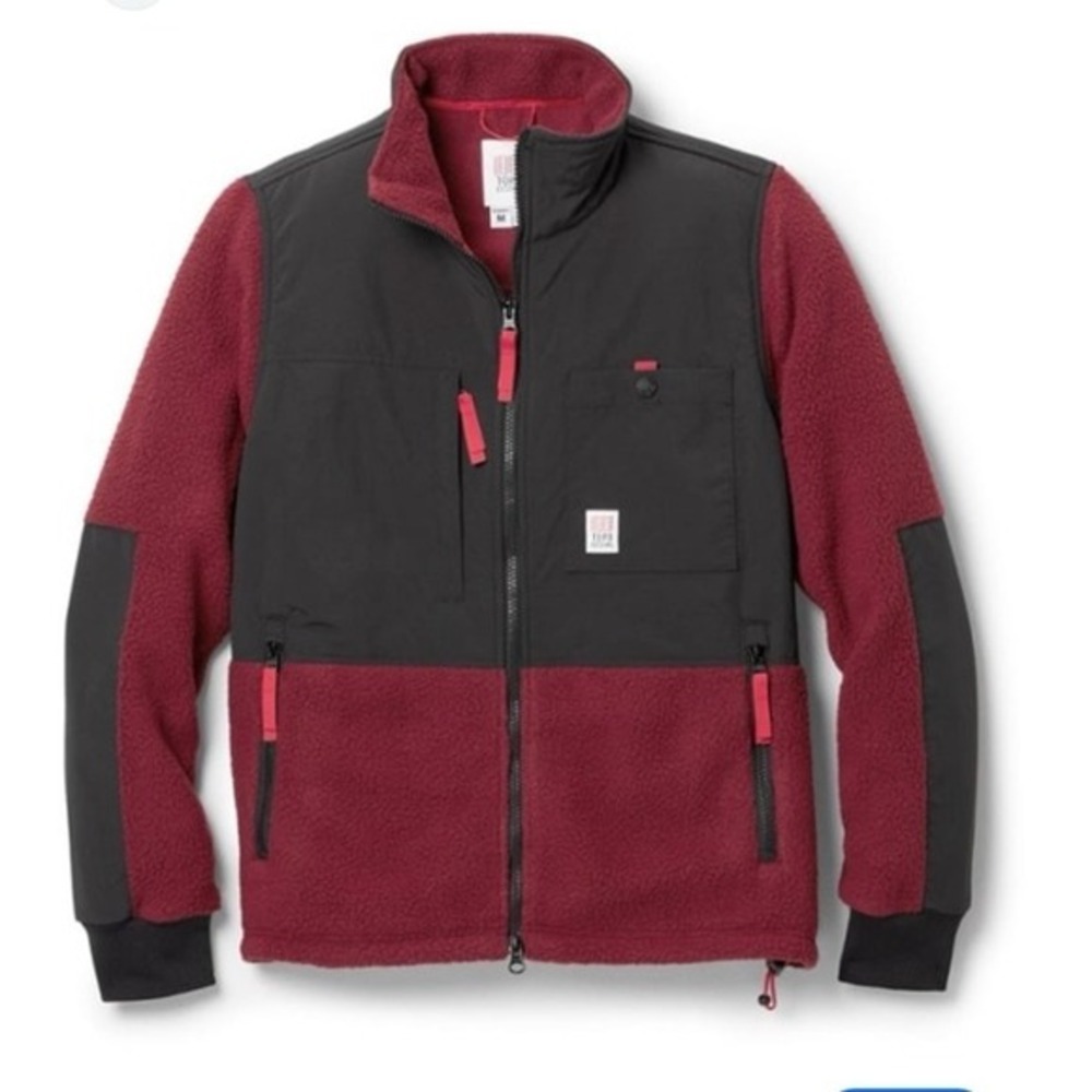 New Women's Topo Designs Subalpine Fleece Jacket XS burgundy & black $189